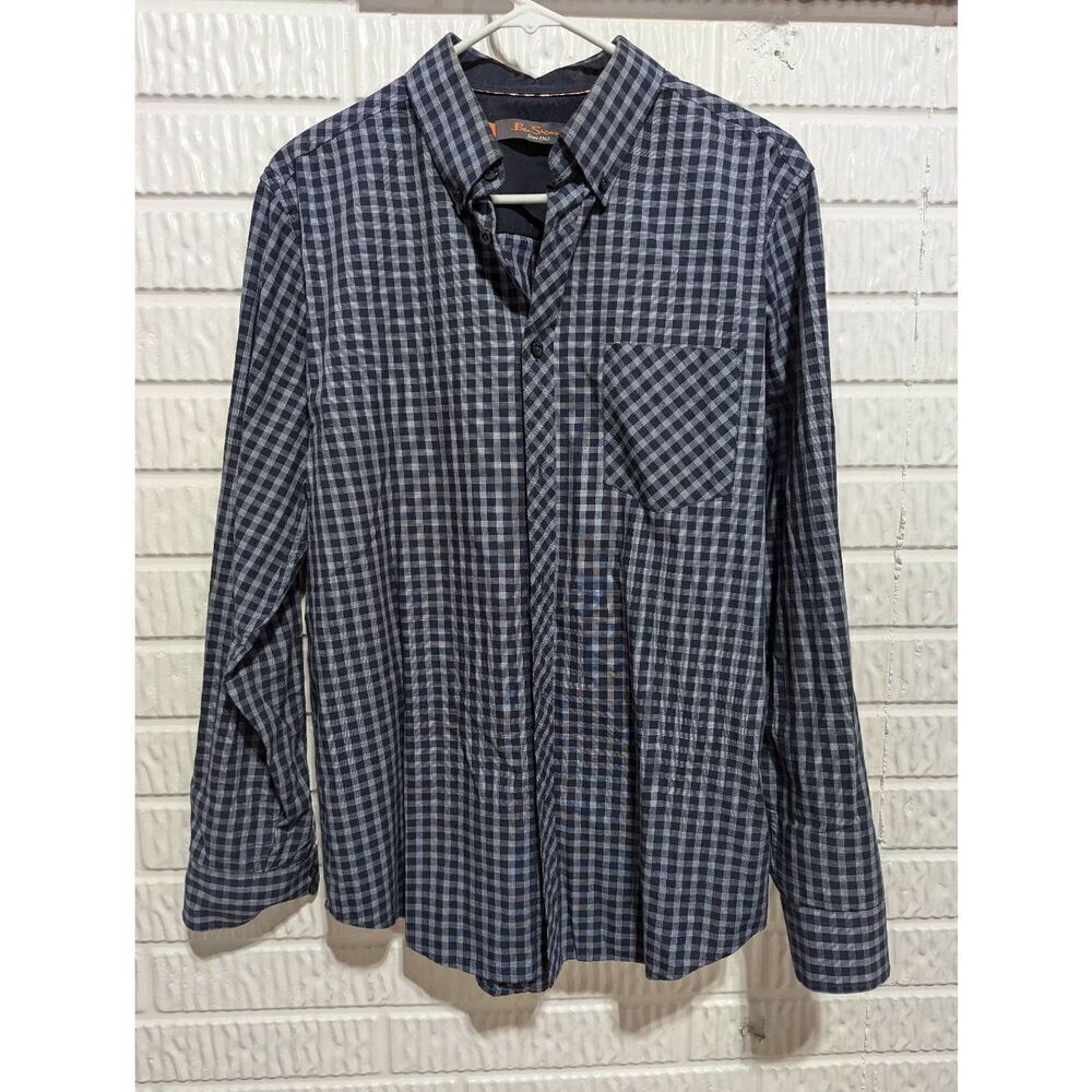 Ben Sherman Men's Blue Checked Cotton Long-Sleeve Button-Down Shirt Size M